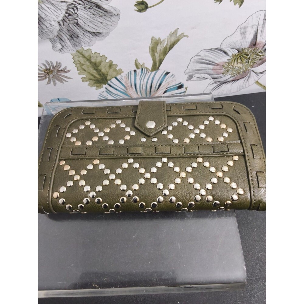 Urban Expressions Green Leather Studded Wallet 8" W X 4" H